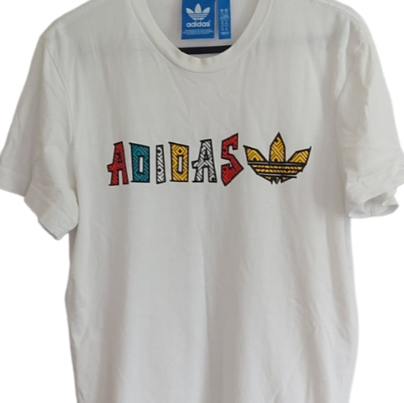 Adidas Mens White Graphic T-Shirt Top Size XS Spellout Aztec Pattern Logo Print - Picture 2 of 6